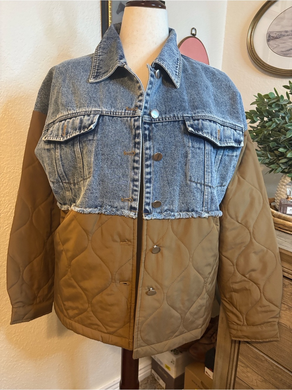 RIVIR Denim and Quilted Two-Tone Jacket - Blue and Brown- Size Large